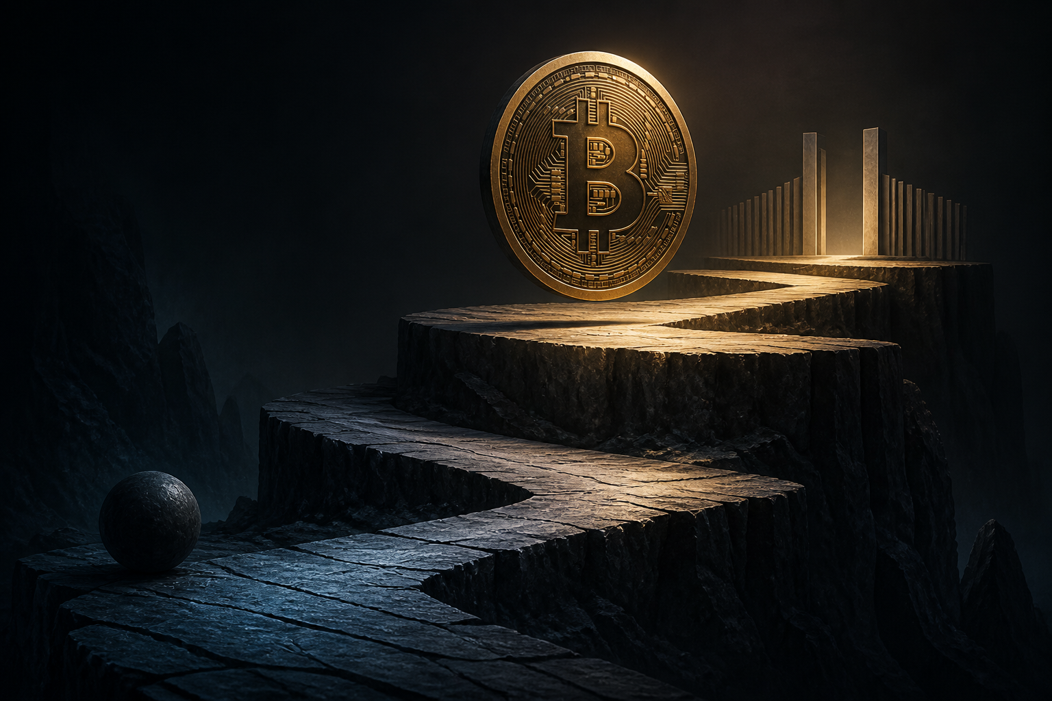 Editorial illustration of a Bitcoin-inspired coin at a sculptural decision point above successive stone support terraces