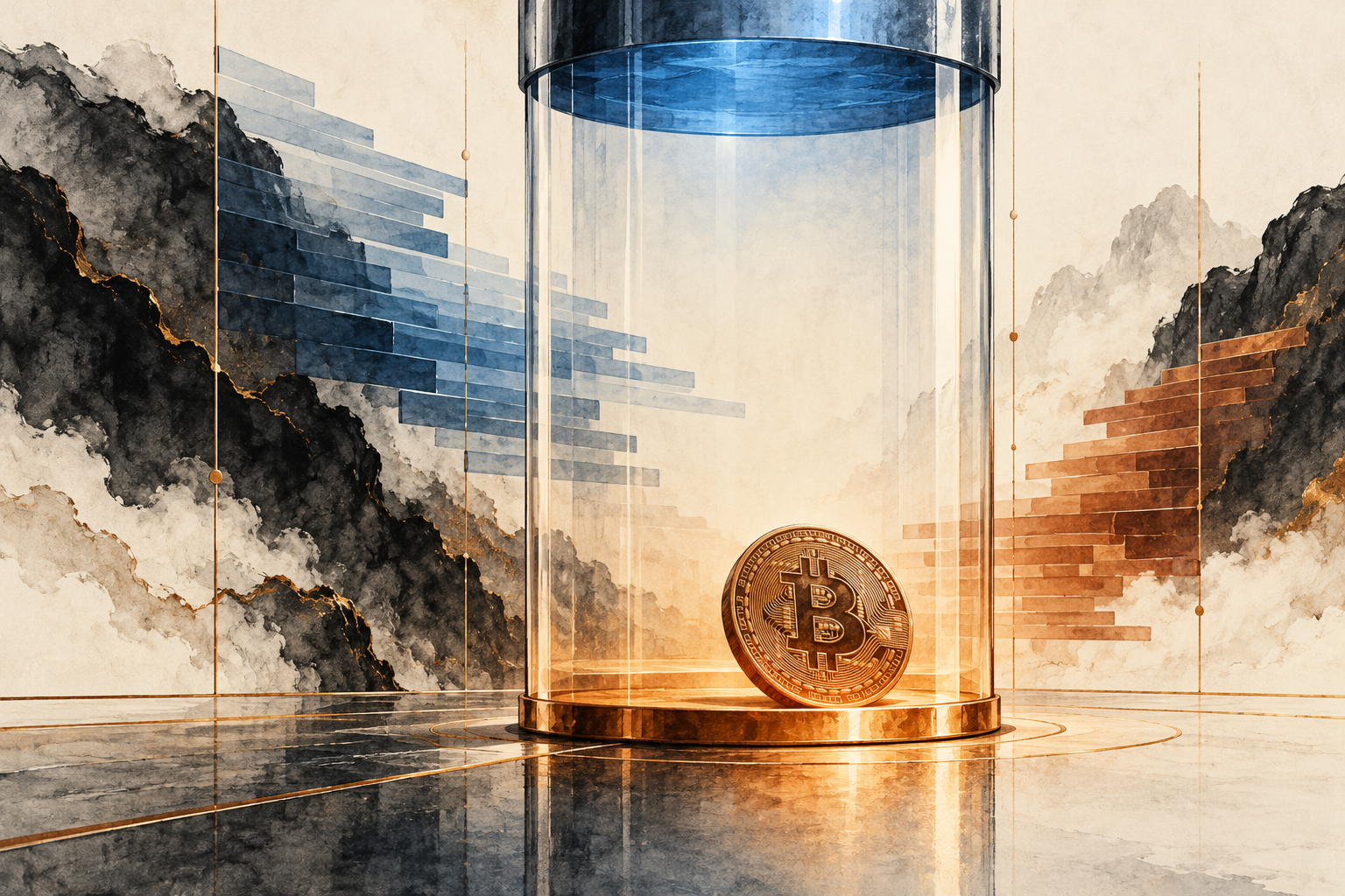 Conceptual illustration of Bitcoin near the floor of a transparent trading range