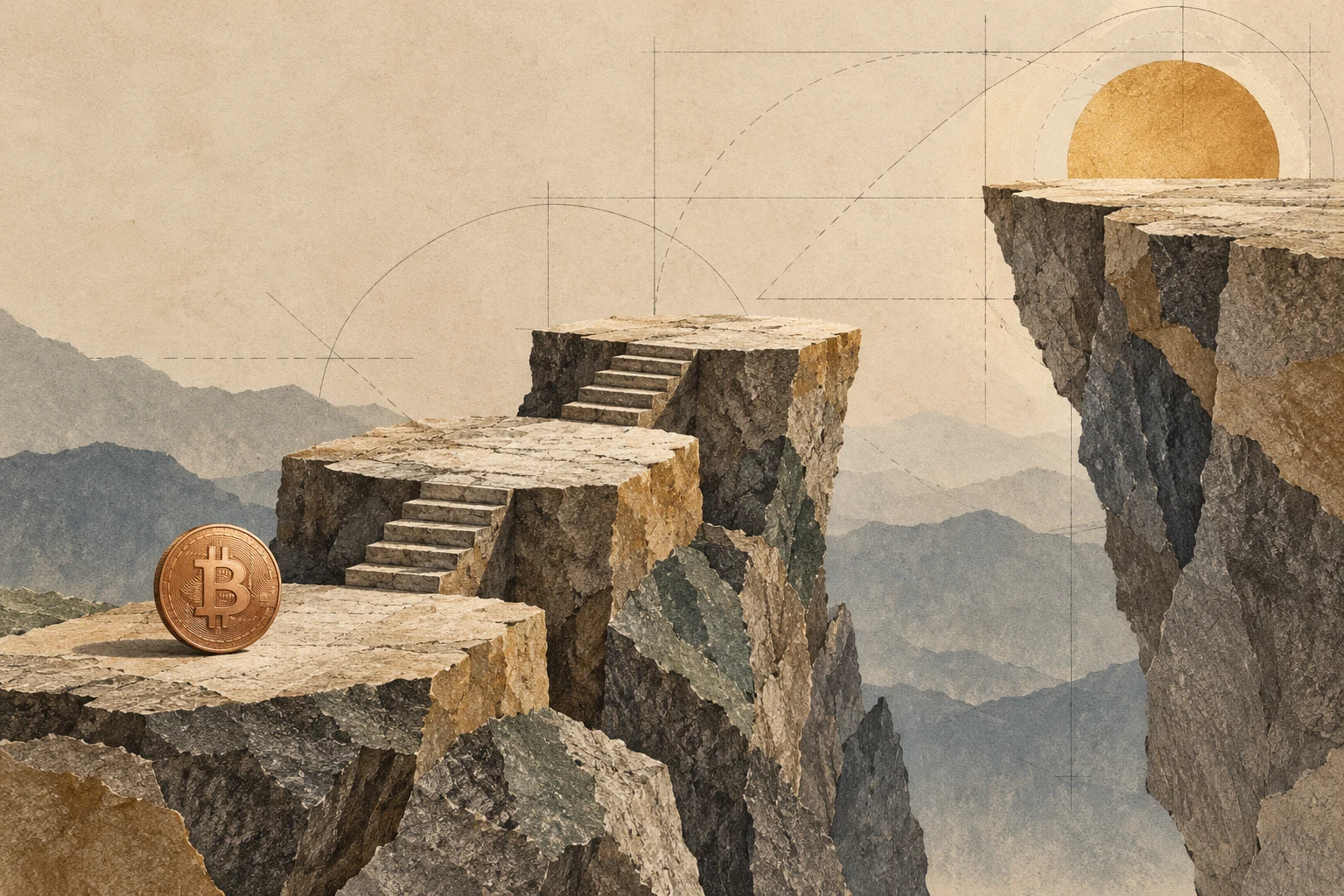Conceptual illustration of a Bitcoin coin beneath stepped stone terraces representing stages of a possible range recovery