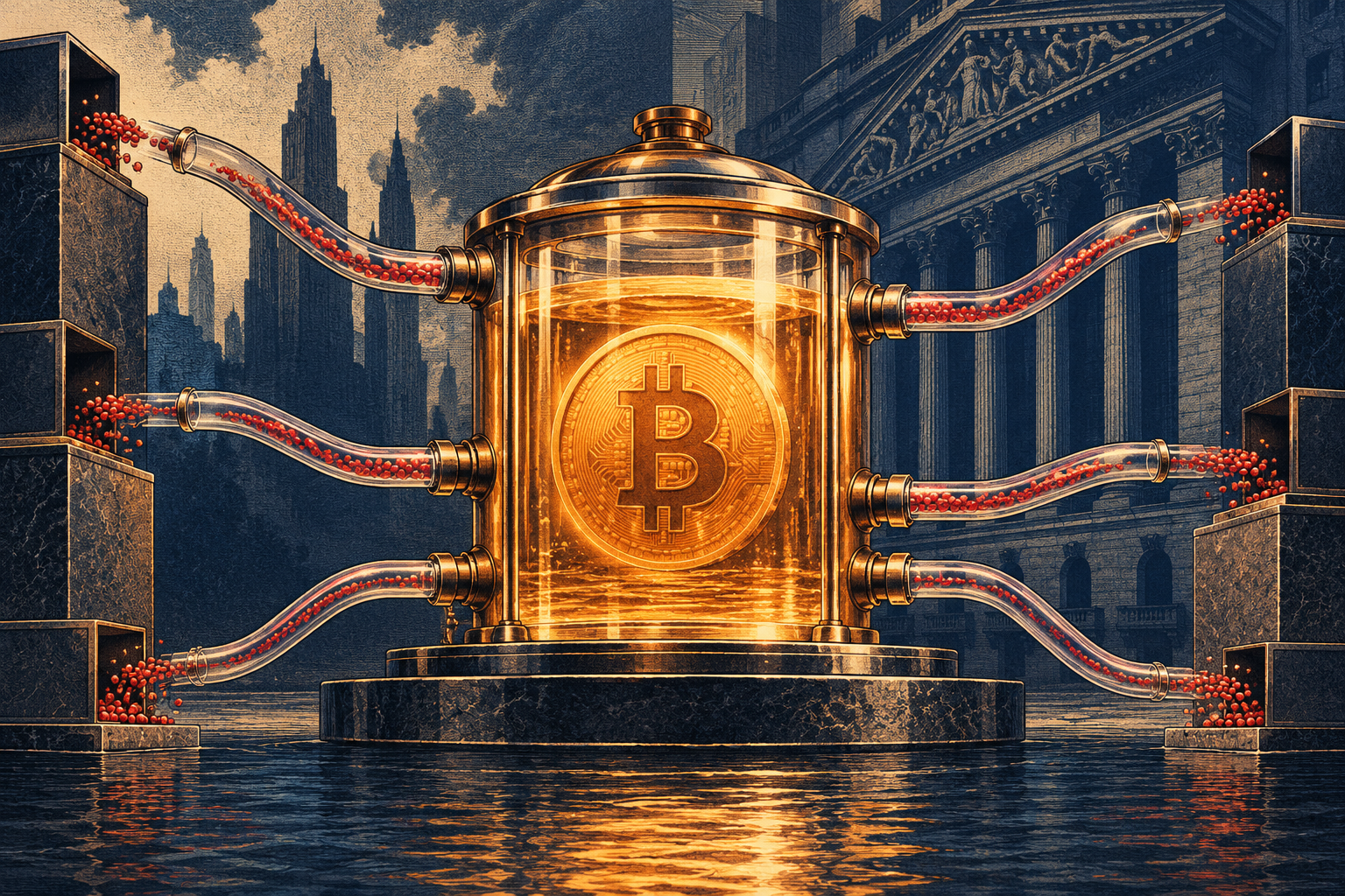 Conceptual reservoir with a Bitcoin coin and outward capital-flow channels