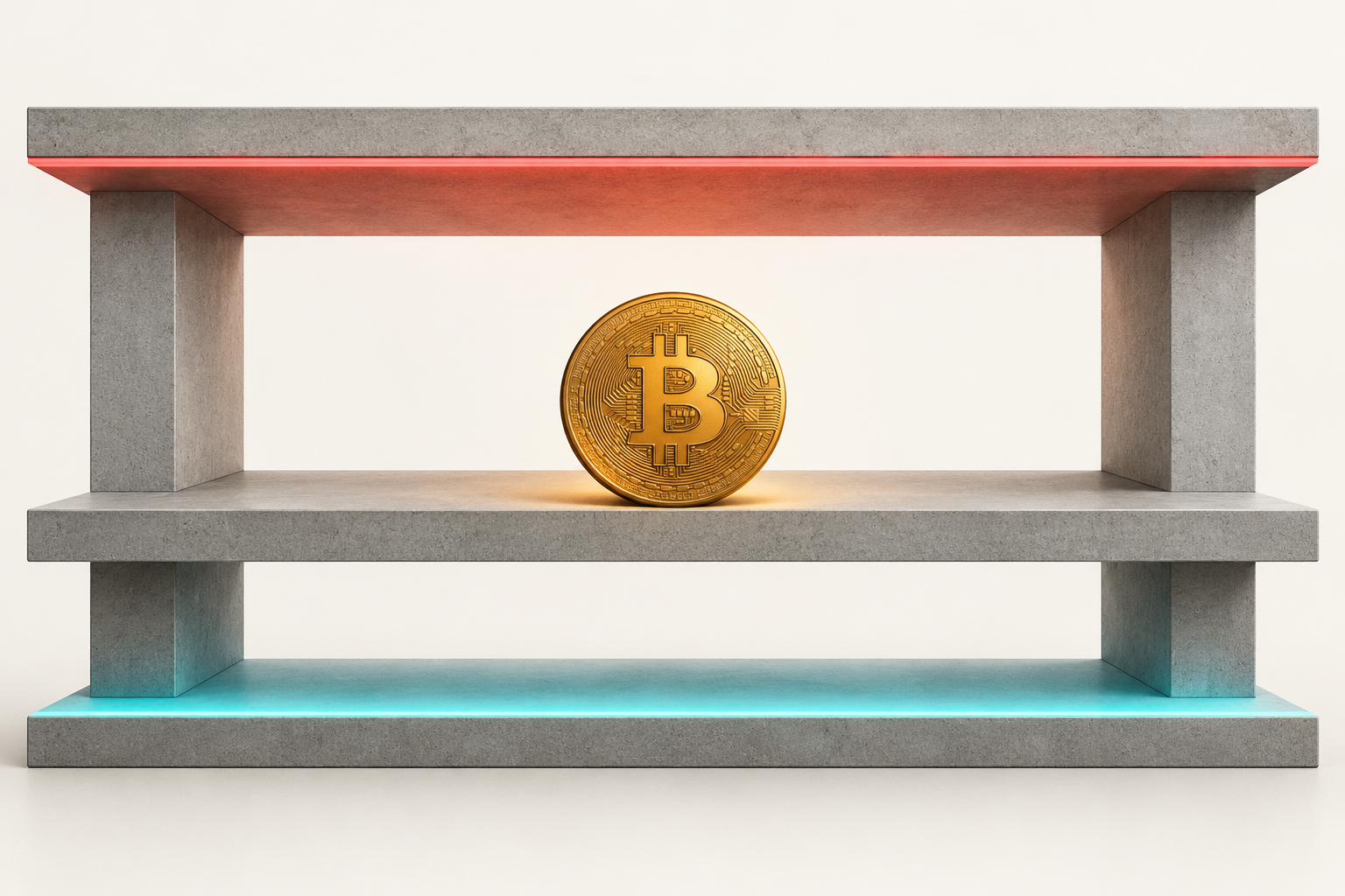 Conceptual Bitcoin support floor and resistance ceiling surrounding a central coin