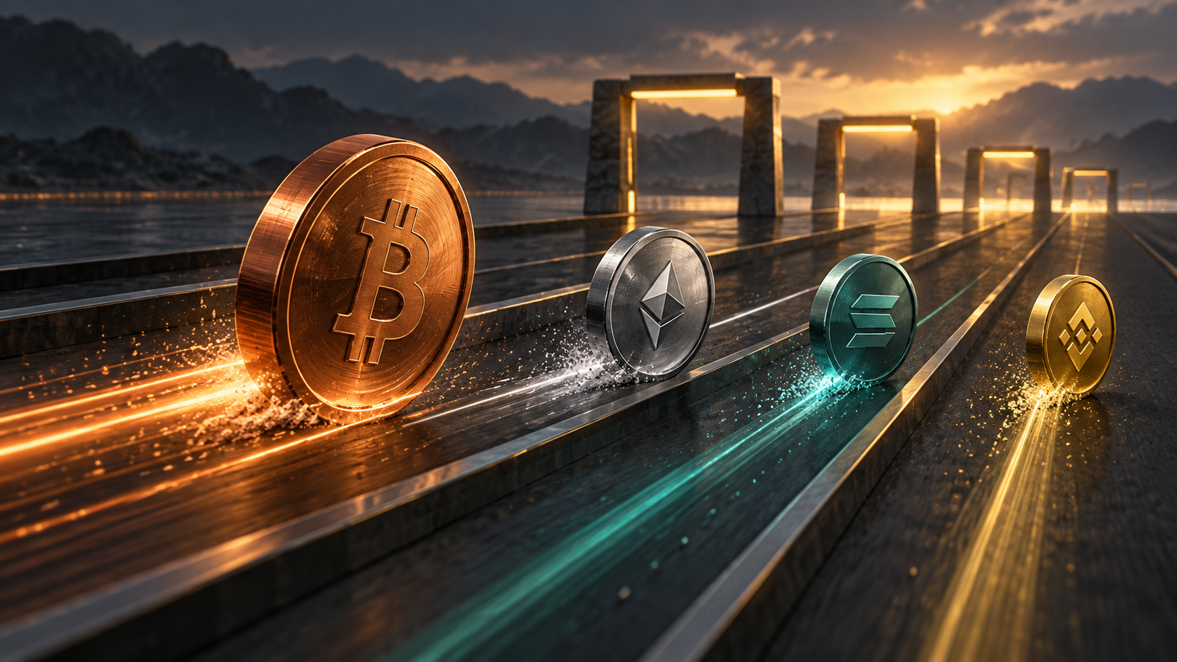 Conceptual illustration of four crypto assets approaching confirmation gates at different speeds