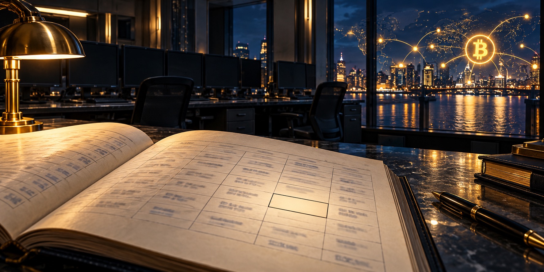 An institutional ledger has one empty cell while Bitcoin trading continues beyond a closed desk, illustrating incomplete weekend ETF reporting